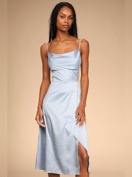 Lulus Dresses & Skirts - NWT Lulus | Fiercely Chic Light Blue Satin Jacquard Print Cowl Midi Dress, S